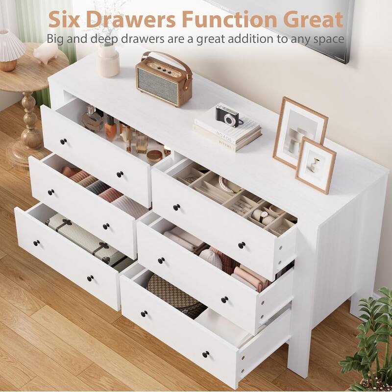 6 Drawer Dresser for Bedroom, Wide White Chest with Deep Drawers and Metal Knobs, Modern Storage for Hallway, Kids Room