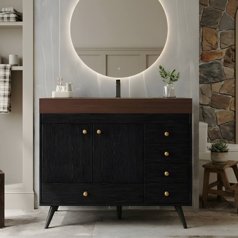 36" Freestanding Bathroom Vanity with Faux Marble Top, Ceramic Sink, 5 Drawers & Stainless Steel Legs