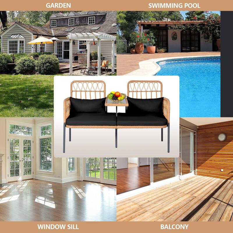 Outdoor Patio Ratten Woven Loveseat Conversation Furniture Set with Cushions