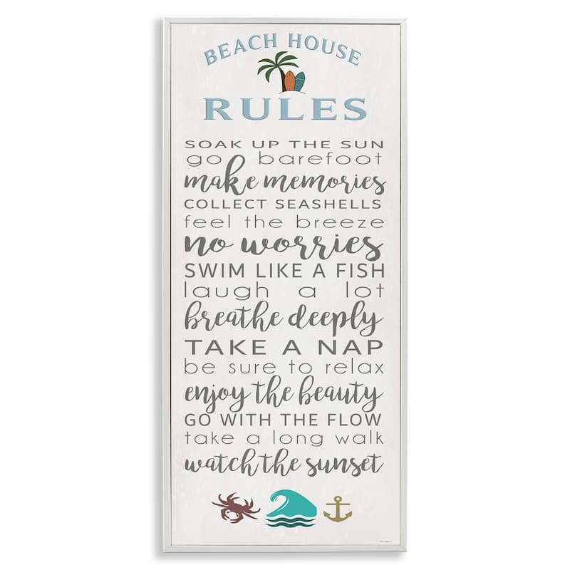 Stupell Fun Activities Beach House Rules Framed Giclee Art Design By Seven Trees Design - 13 x 30 - White