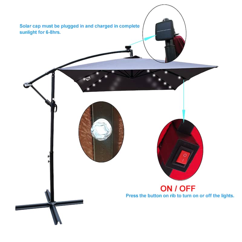 Rectangle 2x3M Patio Umbrella Solar Powered LED Lighted Sun Shade Market Waterproof 6 Ribs Umbrella with Crank and Cross Base