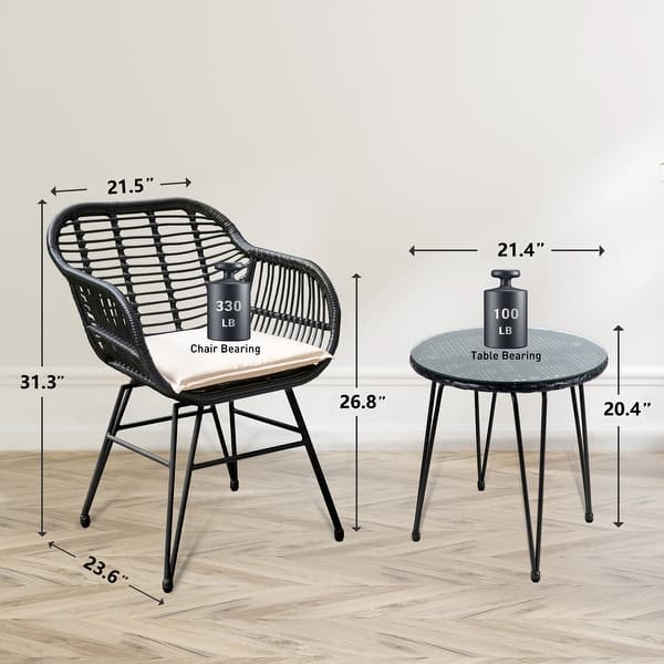 dimension image slide 2 of 5, 3 Piece Outdoor Wicker Furniture Patio Bistro Set With Cushions for Porch Poolside Garden - 21.2"L x 23.6"W x 31.5"H