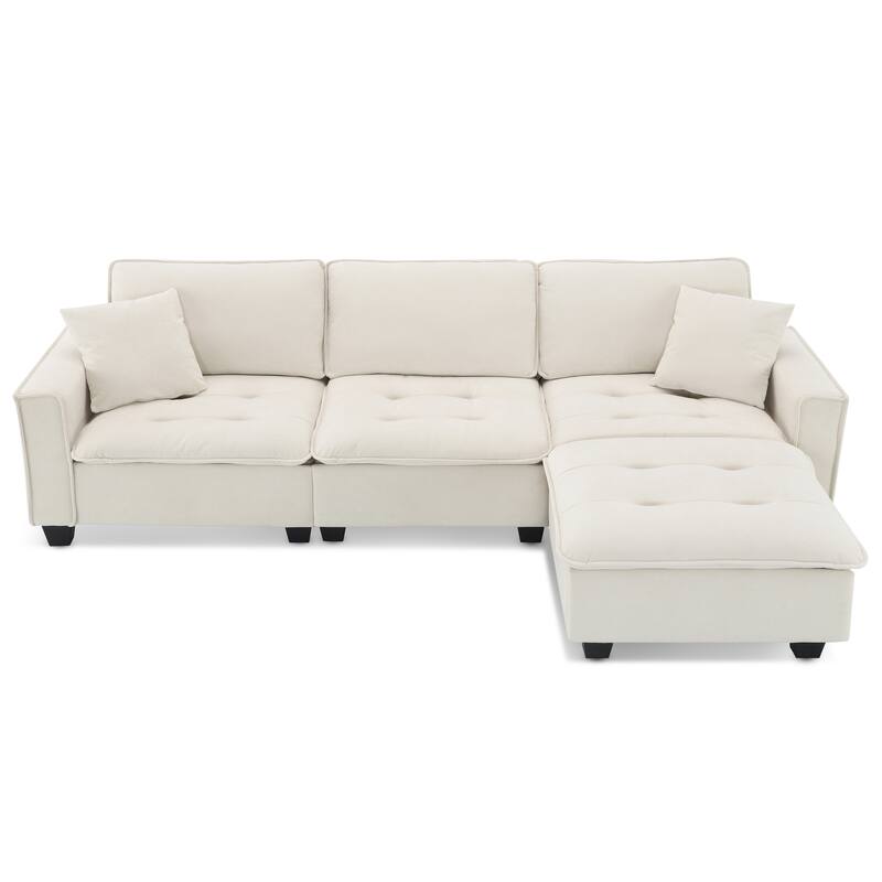 Modern Tufted Sectional Sofa with Luxurious Suede Fabric & Reinforced Legs - 4 Seat Sofa with Ottoman