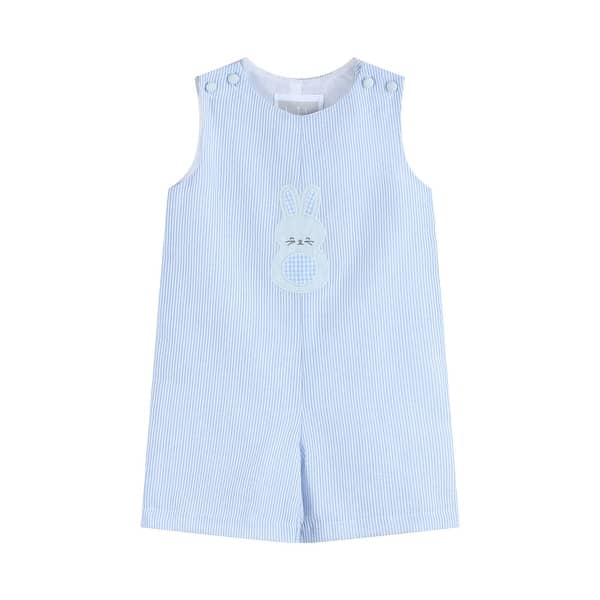slide 2 of 4, Blue Seersucker Gingham Bunny Shortall - 6-12M