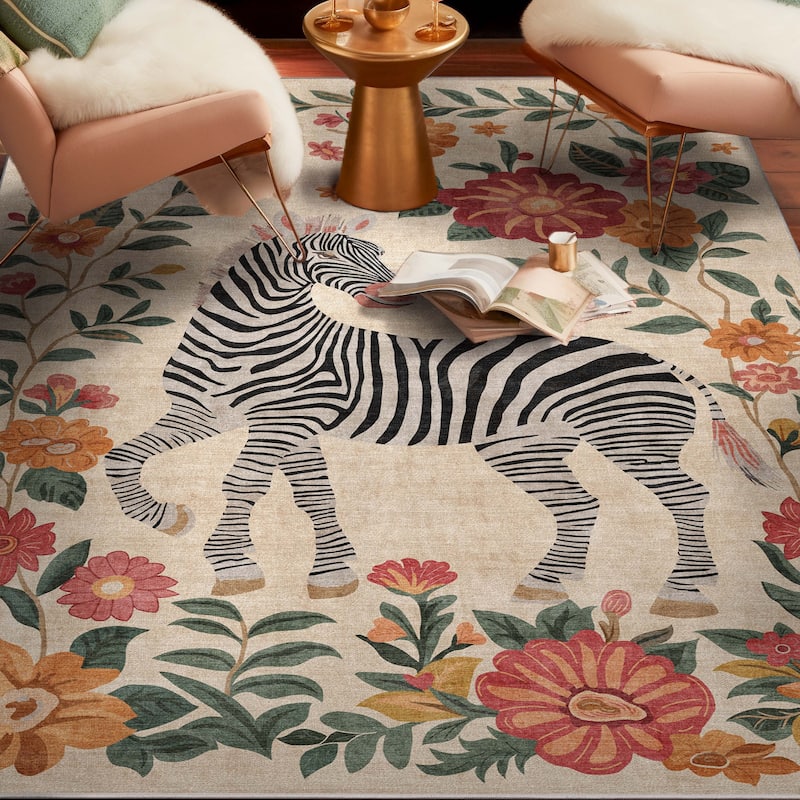 Well Woven Apollo Zebra Floral Animal Print Modern Flat Pile Area Rug - 5'3" x 7'3" - Ivory Multi