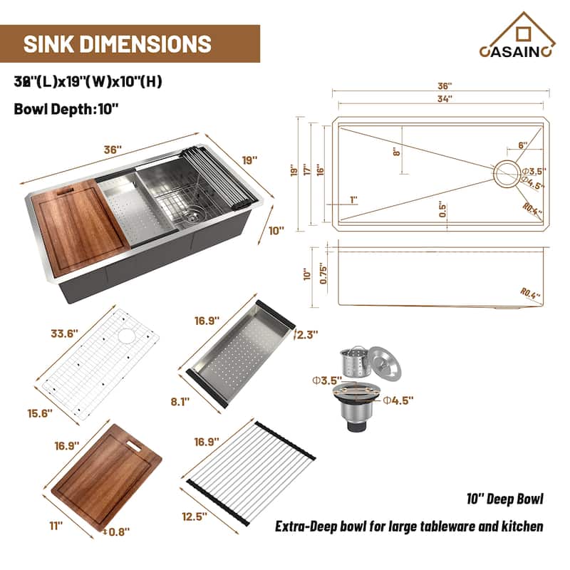 36 in. Undermount Single Bowl 18 Gauge Brushed Stainless Steel Workstation Kitchen Sink with Sliding-Accessories