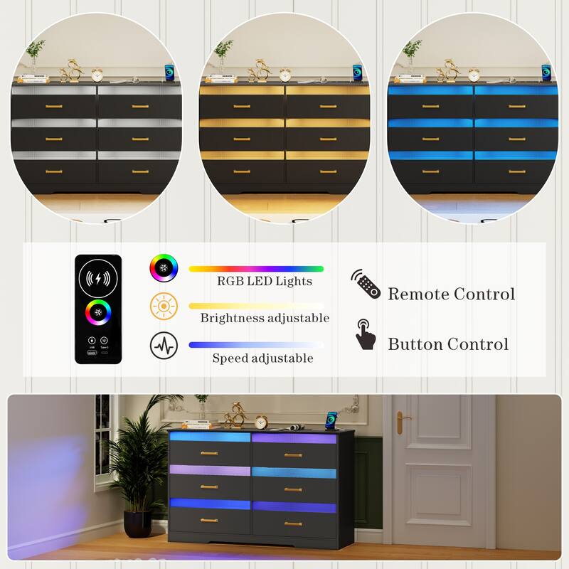 6 Drawers Dresser With LED Light and USB Port