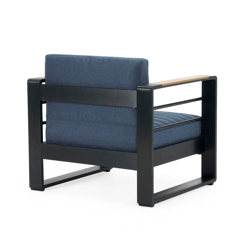 Roomfitters Modern Outdoor Club Chair with Slatted Metal Frame, Weather-Resistant Cushions and Wooden Armrests