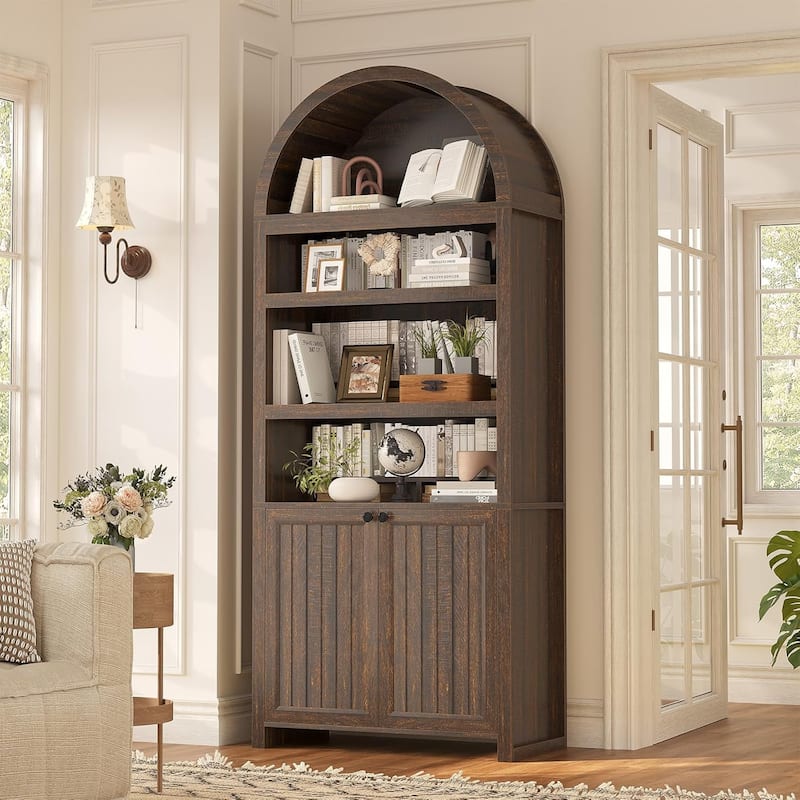 Tall Arched Cabinet Bookcase Storage Bookshelf Door Bathroom Storage Cabinet - 81"  - Walnut