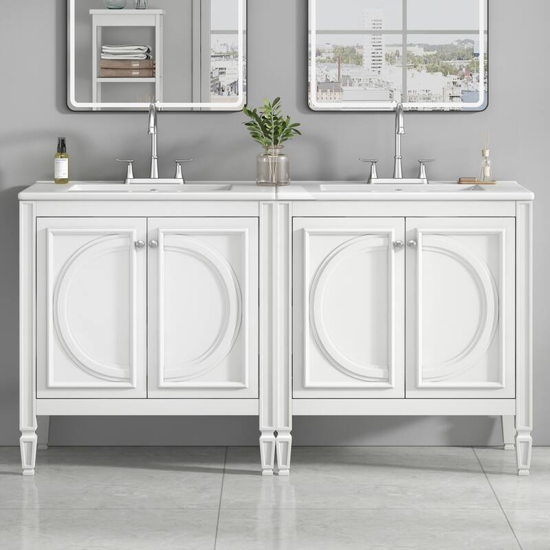 60" Bathroom Vanity with Double Sink Combo Set, Ceramic Sink, Soft Close Doors with Shelf, Storage Drawer - White