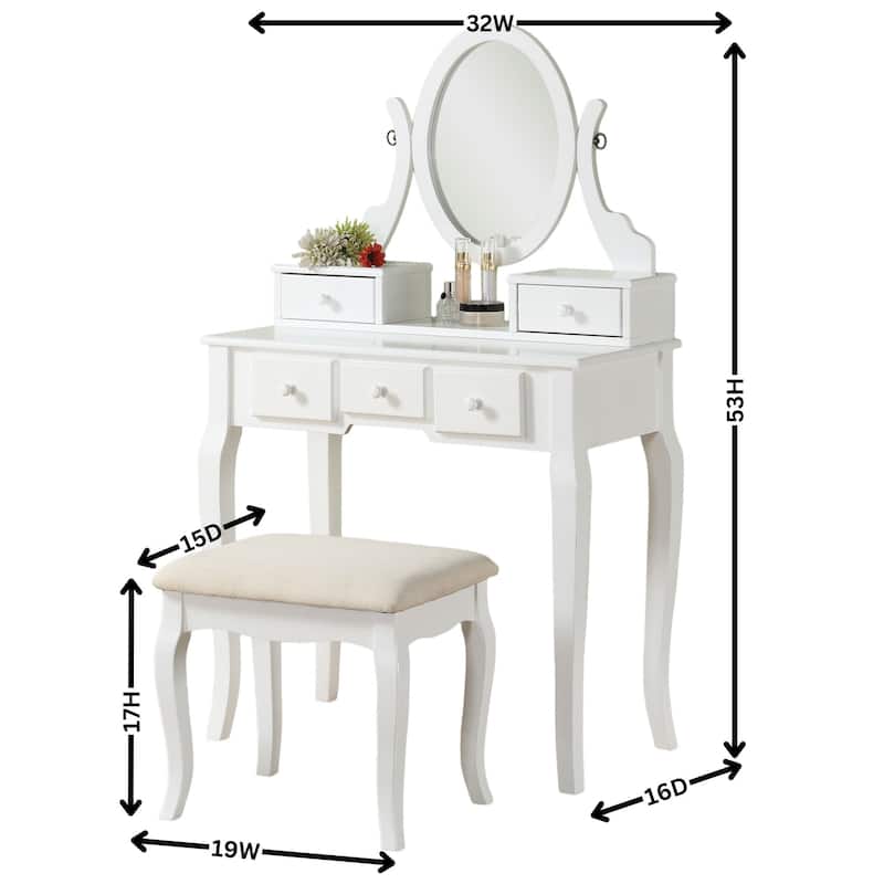 Wood Make-Up Vanity Table and Stool Set for Bedroom, White
