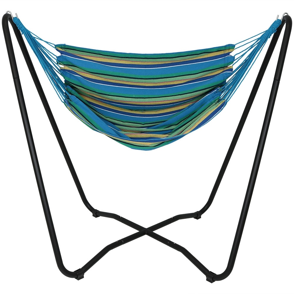 sunnydaze hanging rope hammock chair swing w spacesaving stand  ocean  breeze