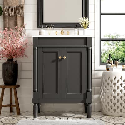 24''Bathroom Vanity with Top Sink,2-Tier Modern Bathroom Storage Cabinet, Large Storage Shelves,Black