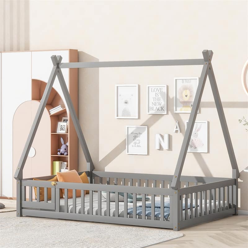 Full Tent-shaped Floor Bed with Guardrails, Slats, Door - Grey