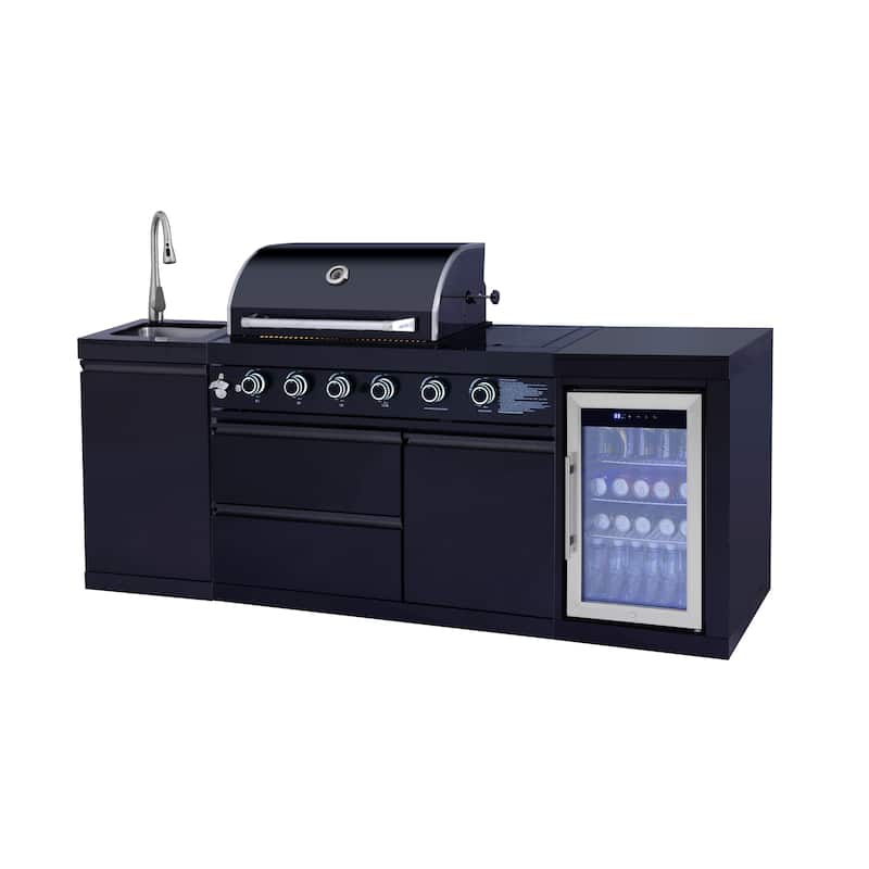 GDFStudio Xaviron Stainless Steel Outdoor Kitchen Island Grill with 4 Burners, Rotisserie and Refrigerator