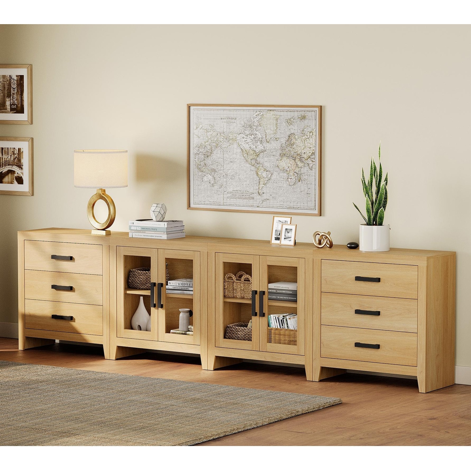 WAMPAT Farmhouse Buffet Cabinet with Glass Doors and Drawers, 4-Piece Modular Sideboard