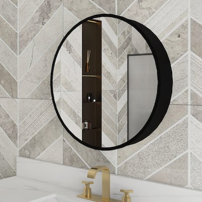 24/30 inch Round Surface Mount Medicine Cabinet with Mirror and Shelves