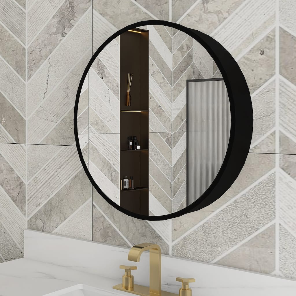 24/30 inch Round Surface Mount Medicine Cabinet with Mirror and Shelves