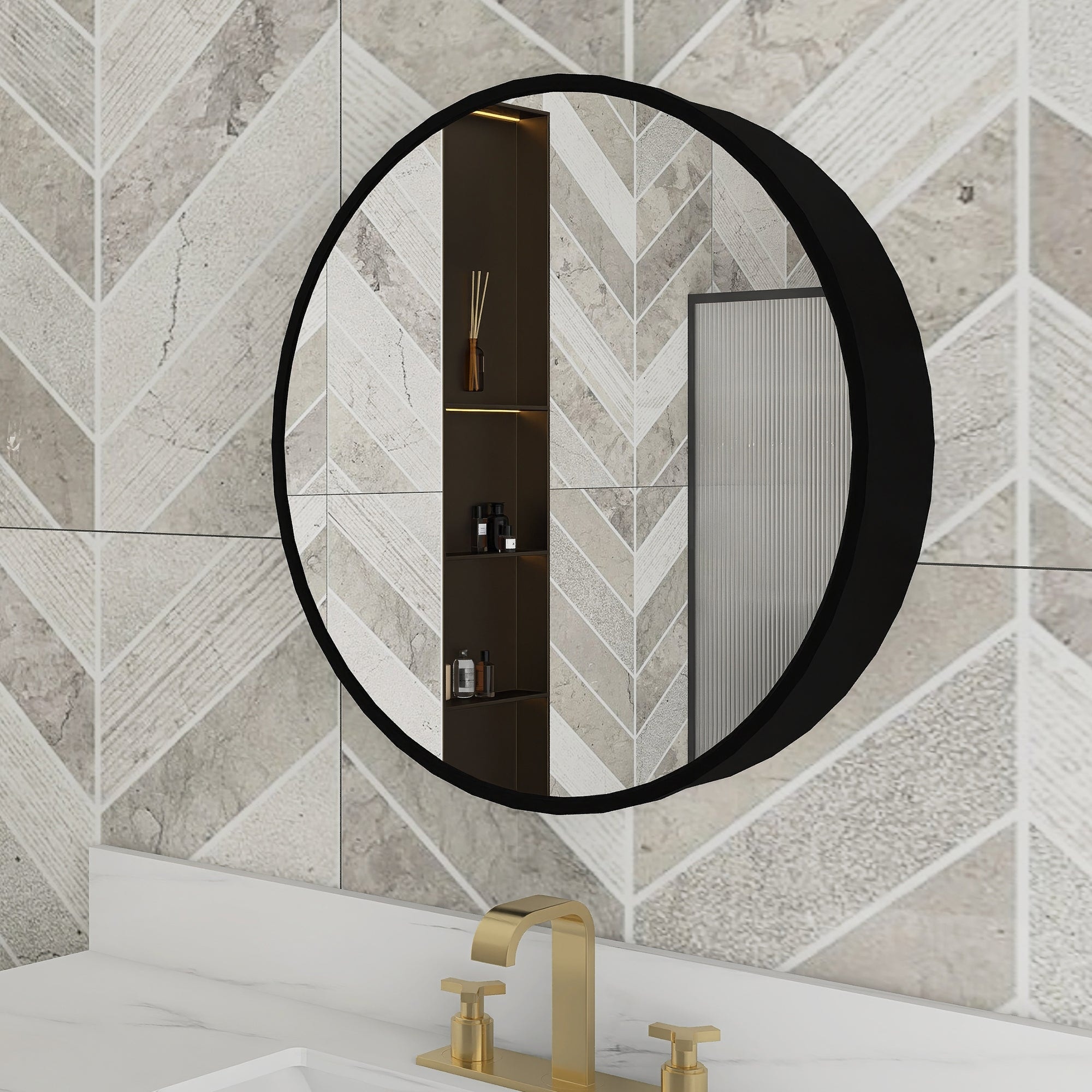 24/30 inch Round Surface Mount Medicine Cabinet with Mirror and Shelves