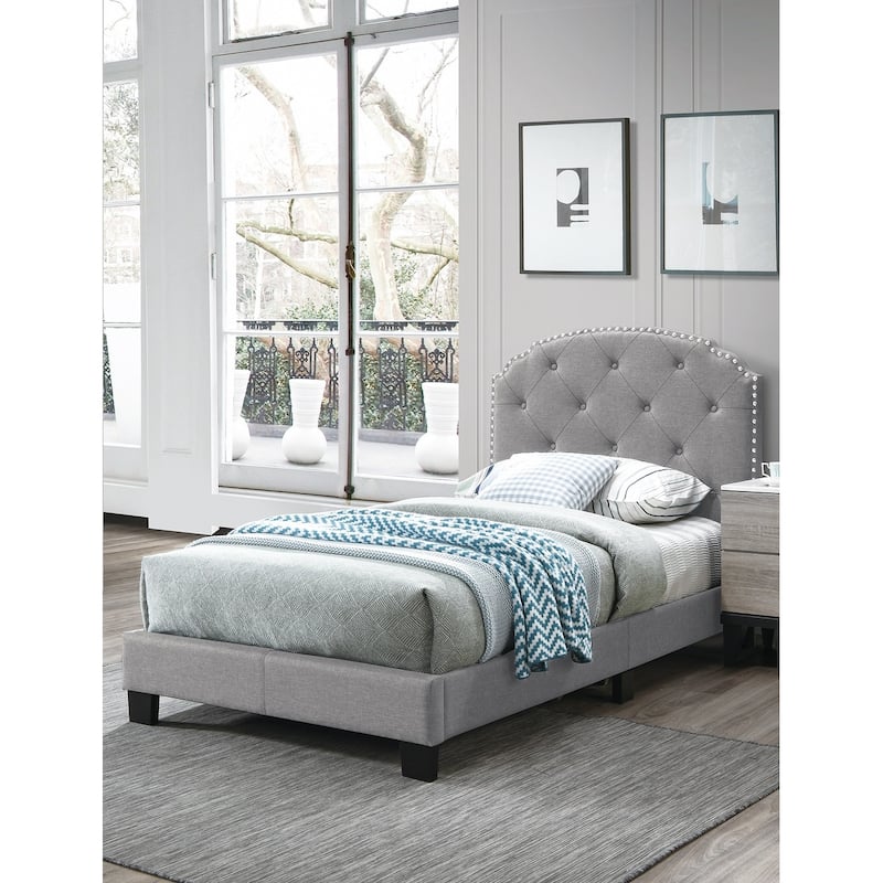 Light Gray Burlap Twin Bed with Nailhead Trim & Button Tufted Design!