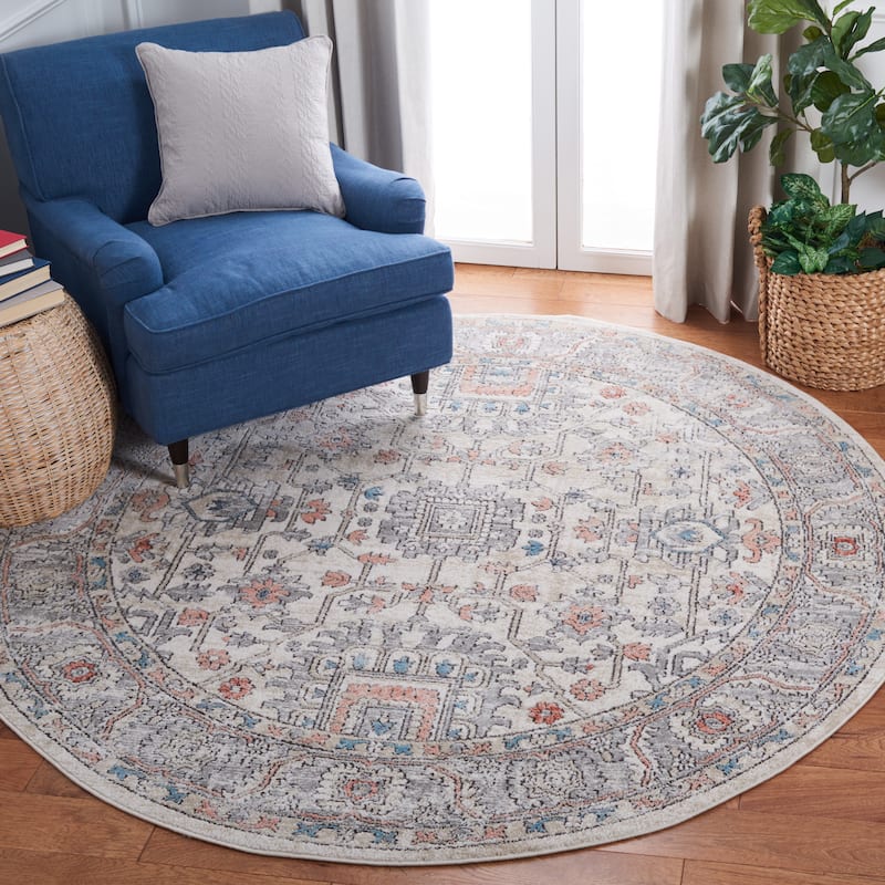 SAFAVIEH Oregon Hildur Traditional Oriental Rug - 6'7" Round - Grey/Ivory