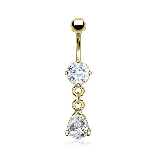 Gold Plated Navel Belly Button Ring with Teardrop CZ - 14GA - 3/8" Long - Clear