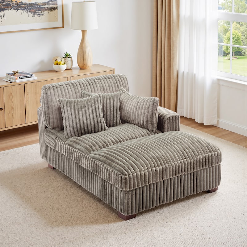 41" W Plush Corduroy Chaise Lounge with Pillows - Right Facing - Light Brown-Chaise&2 Pillows