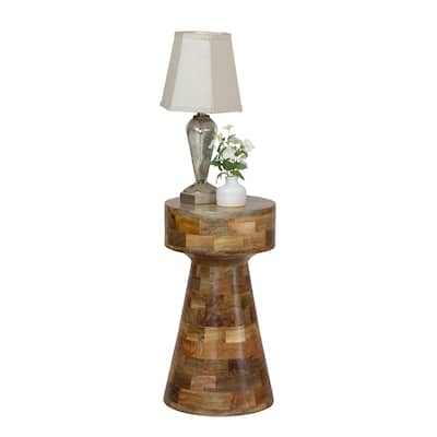 Handcrafted Mango Wood Side Table - 21.75" Tall Round Accent Table with Patchwork Tile Pattern & Natural Finish
