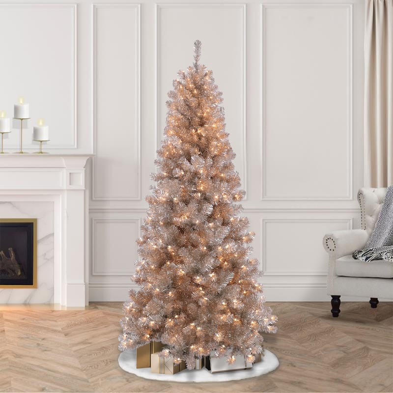 Puleo International 6.5' Pre-Lit Rose Gold Artificial Tree - Green - 6.5 Foot