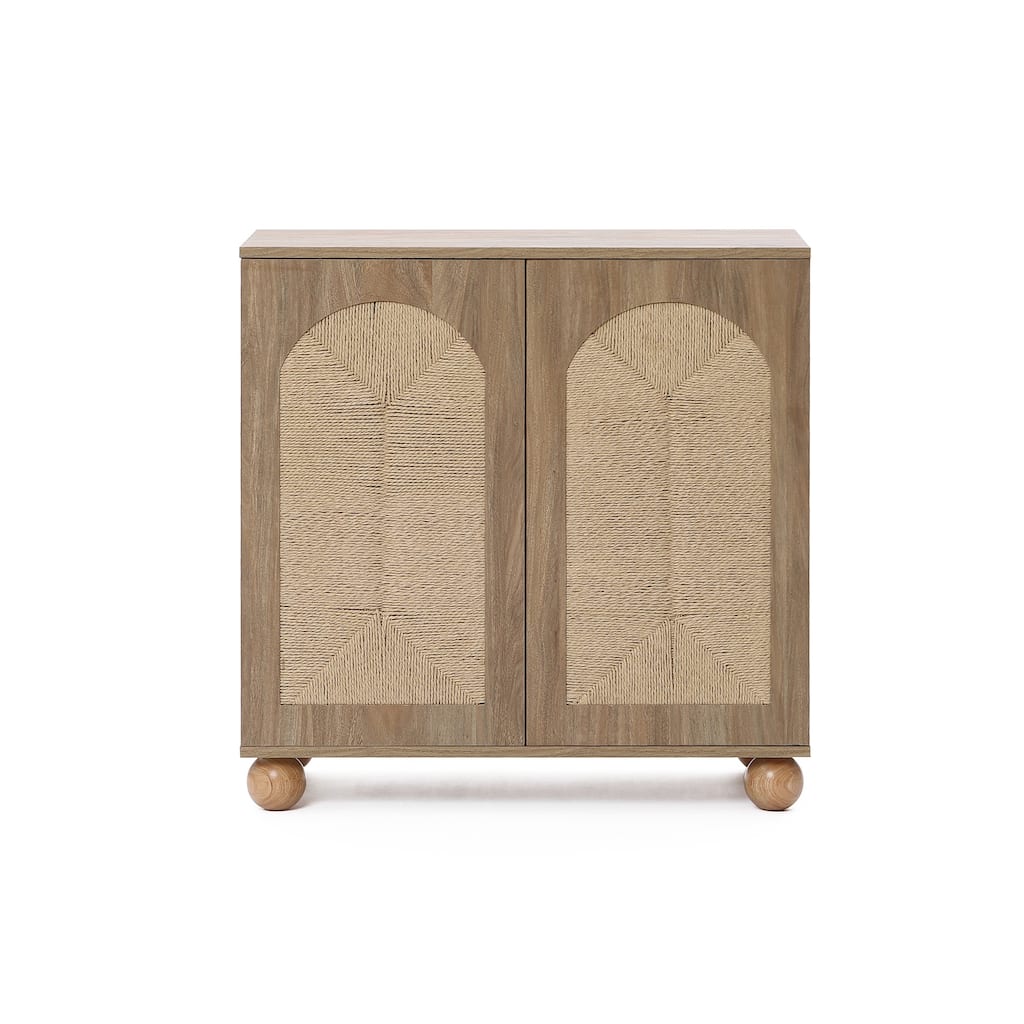 2-Door Natural Oak Finish Manufactured Wood Cabinet with Pine Round Ball Legs - 31.5" H x 31.5" W x 15.75" D