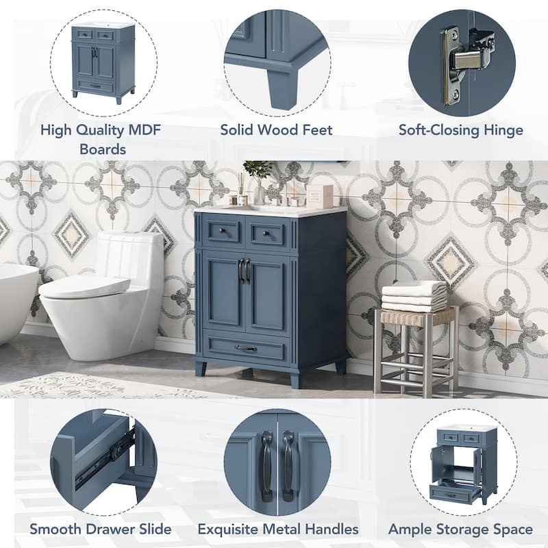 24" Retro Bathroom Vanity with Ceramic Sink & Solid Wood Frame - Soft Closing Door Storage Cabinet