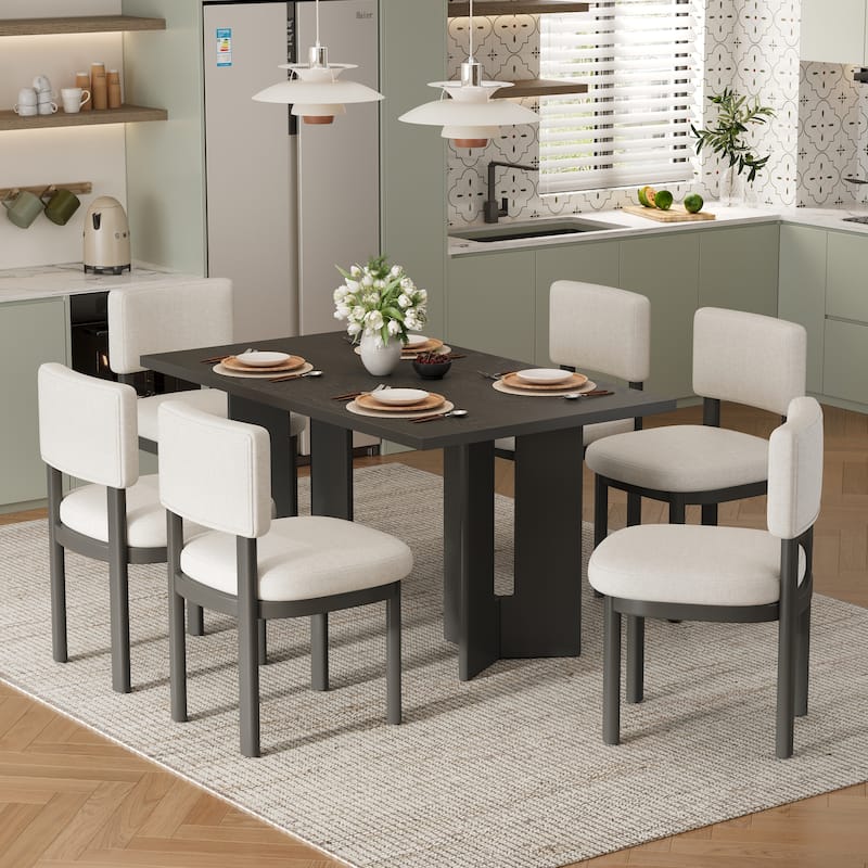 Farmhouse 7-Piece Wood Dining Table Set for 6 Upholstered Chairs Crafted for Comfort and Durability