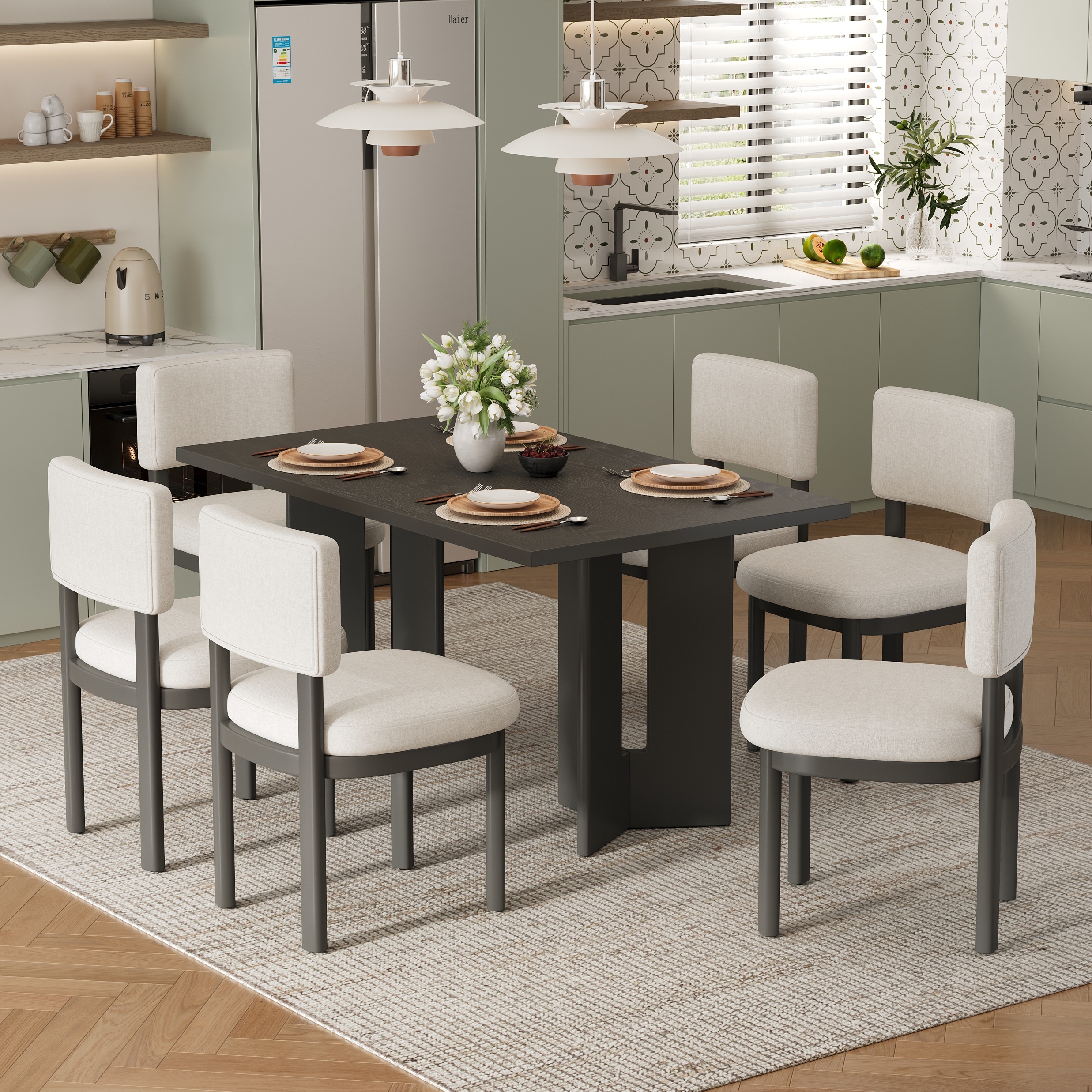 Gray Dining Table Set with 6 Upholstered Chairs & Rectangular Table