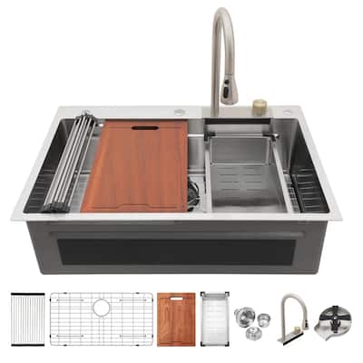 33" Drop in Single Bowl Workstation Kitchen Sink with Pull-Out Faucet and Cup Washer