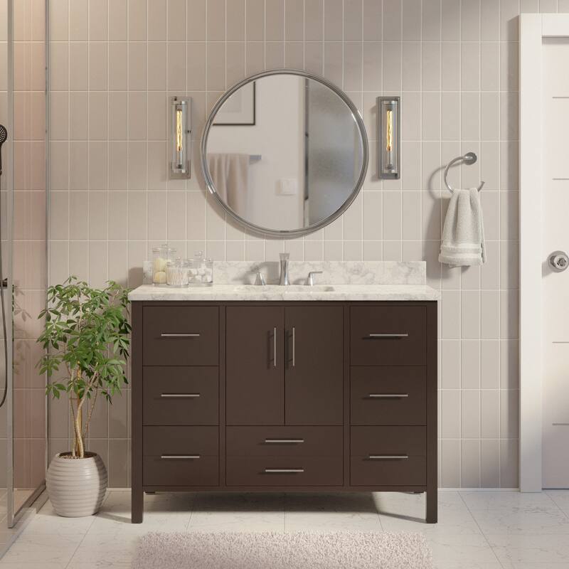 KitchenBathCollection California 48" Bathroom Vanity with Carrara Marble Top - Chocolate