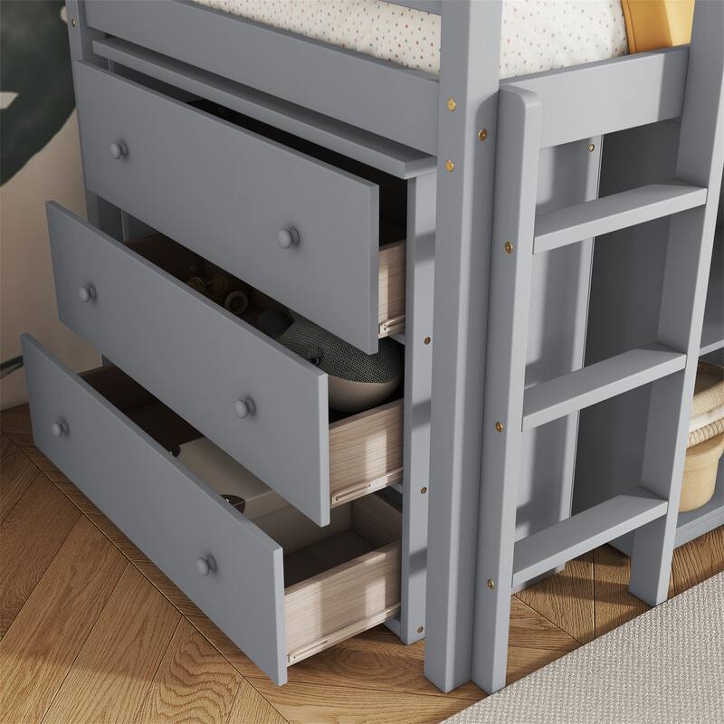 Twin Rubber Wood Loft Bed with Drawer Cabinet, Shelf,Pulling -Out Desk