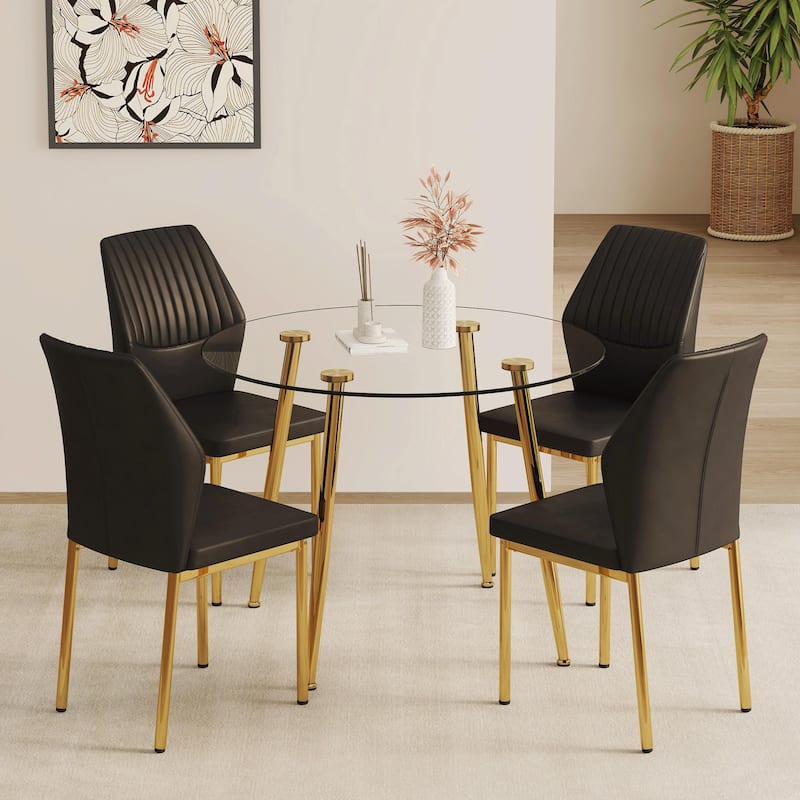 5-Piece Small Dining Table Set for 4, Modern Round Glass Table with 4 Faux Leather Dining Chairs for Small Spaces