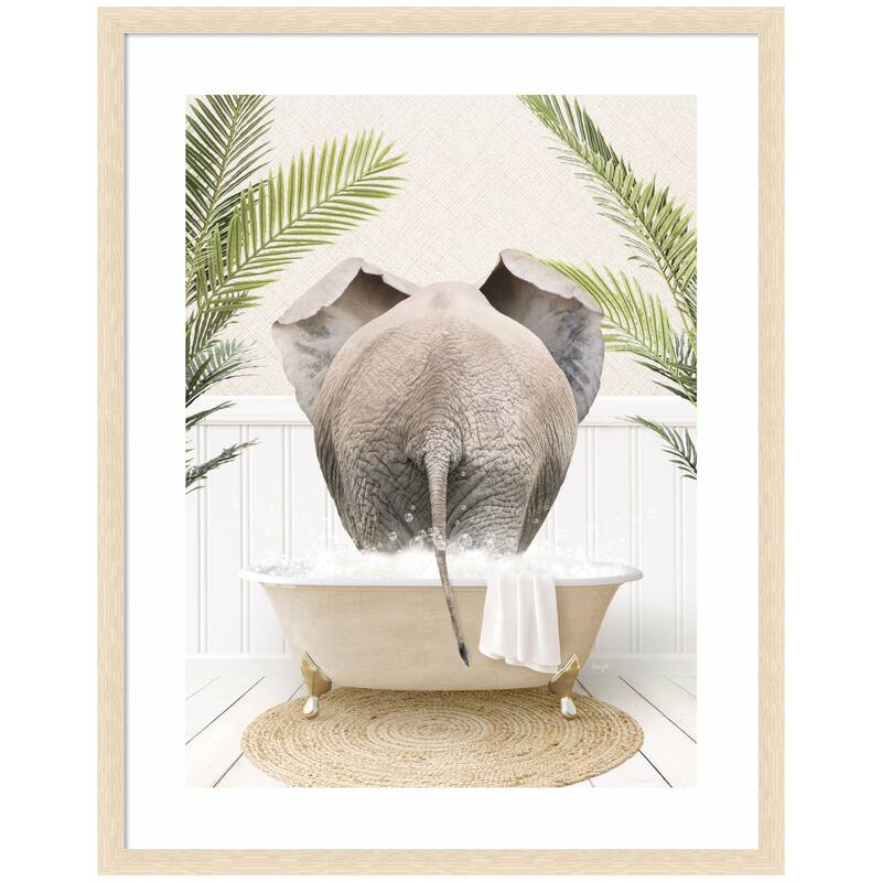 Kate and Laurel Elephant Back in Palm Bathtub by Amy Peterson Framed Wall Art Print - 27 x 34 - Natural