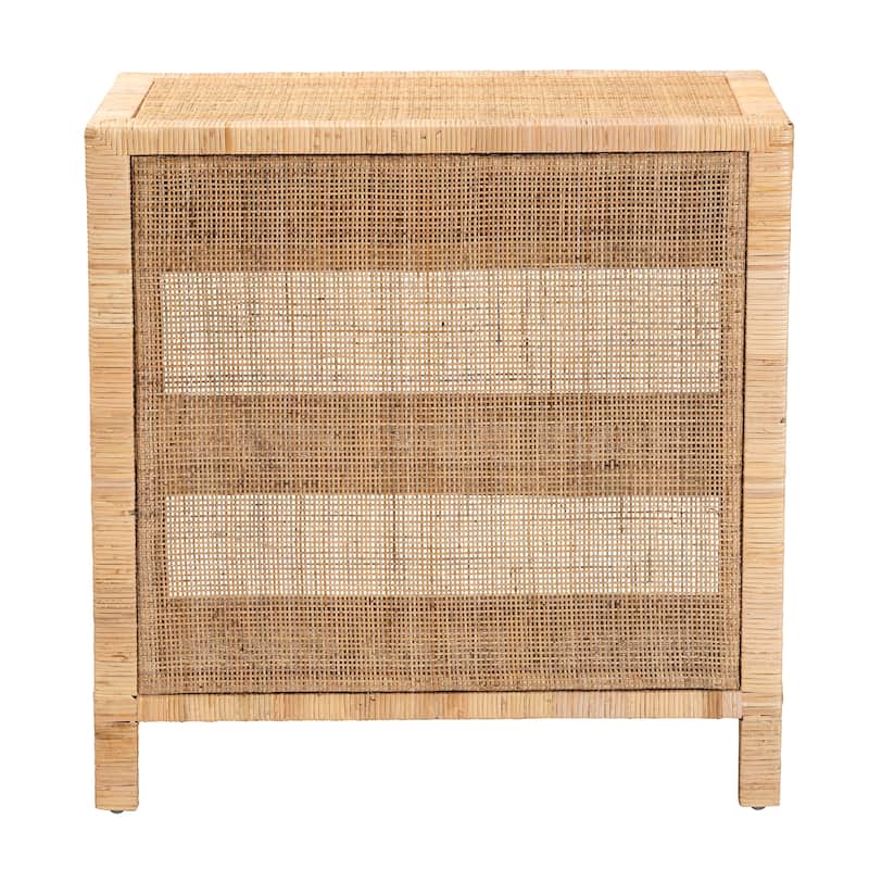 Bella Modern Bohemian Natural Brown Mahogany Wood and Natural Rattan 1-Drawer Console Table