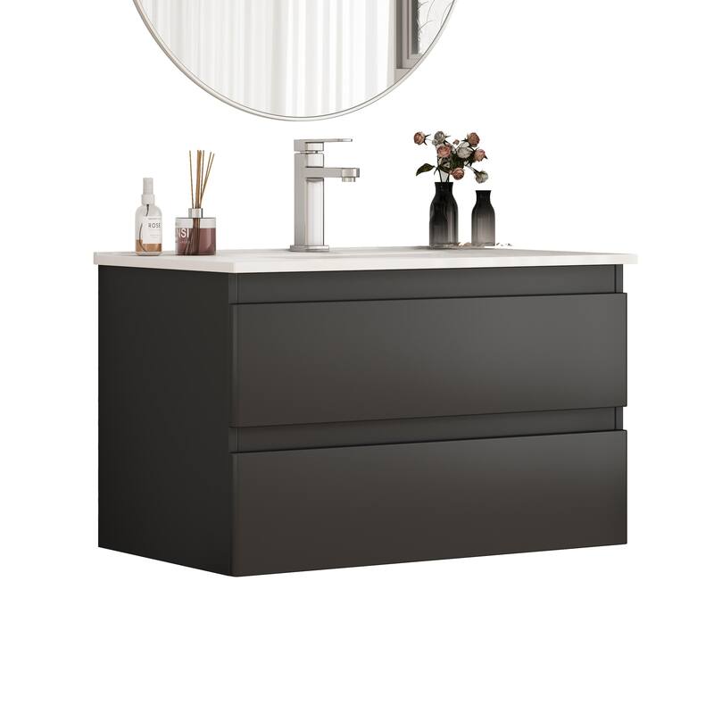 32 Inch Floating Bathroom Vanity with One-piece Ceramic Sink, Wall Mounted Cabinet with 2 Drawers
