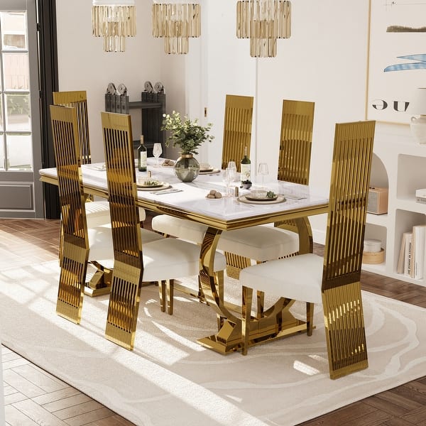 slide 2 of 13, Luxurious Dining Room Table Set with Buttons Tufted Velvet Dining Chairs Table with 6 Chairs - White