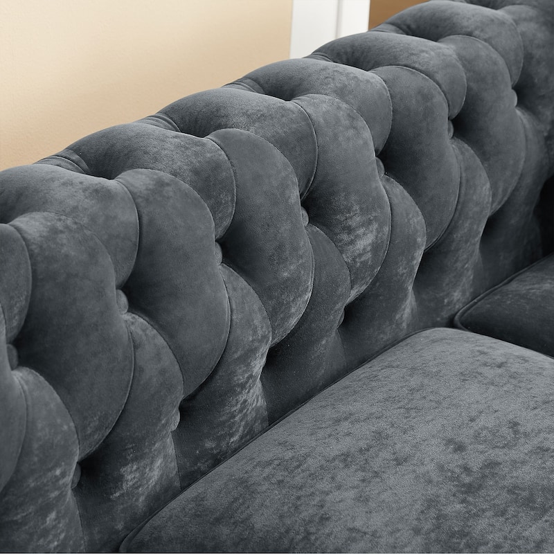 80" Velvet Chesterfield L-Shaped Sofa with Tufting & Rolled Arms
