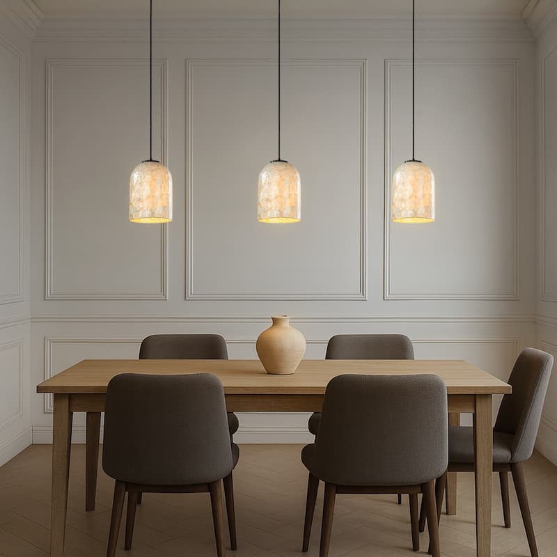 1-Light 7'' Modern Farmhouse Natural Capiz Seashell Single Pendant Light Coastal Cylinder Hanging Light For Kitchen - W7''