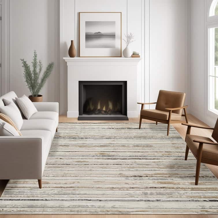 Modern Minimalist Striped Area Rug - Brown/Grey/Cream - Rectangle 8'10" x 12'