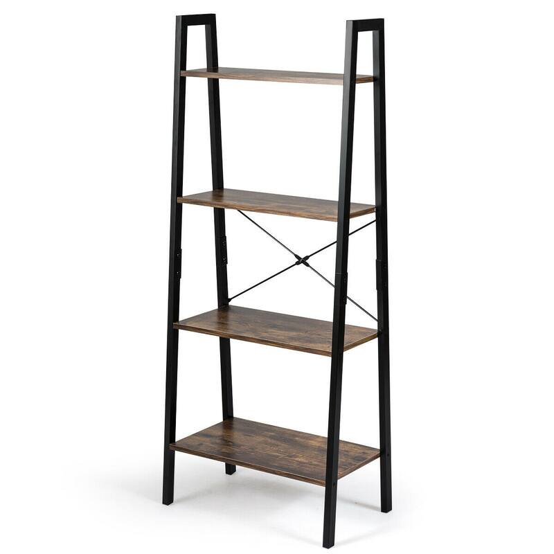 4-Tier Ladder Shelf Bookshelf Display Rack with Metal Frame for Home Office - 22" x 13" x 54.5" {L x W x H)