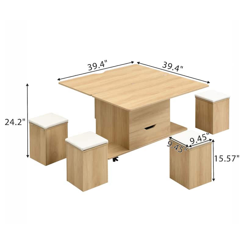 Roomfitters Multi-Functional Lift-Top Coffee Table with Hidden Storage, Modern Center Table with 4 Stool & Caster, Natural/White