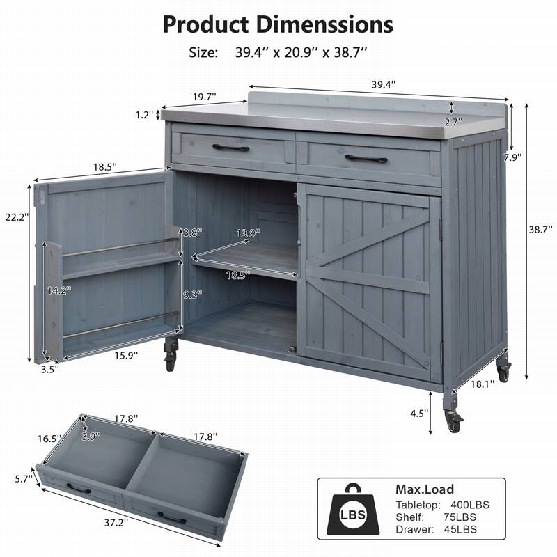 2-Piece Outdoor Kitchen Island Set with Stainless Steel Top and Sink, Drawer and Cabinets for Outdoor Storage w/ Wheels