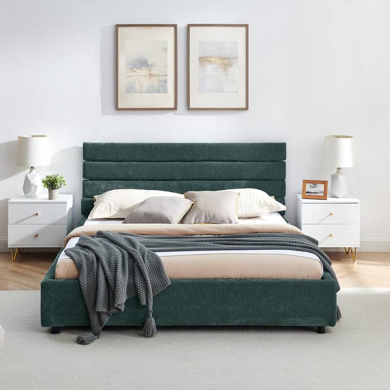 Grounded Queen Upholstered Platform Bed with 4 Pull-out Storage Drawers, Wood Slats & Metal Frame Support, No Box Spring Needed
