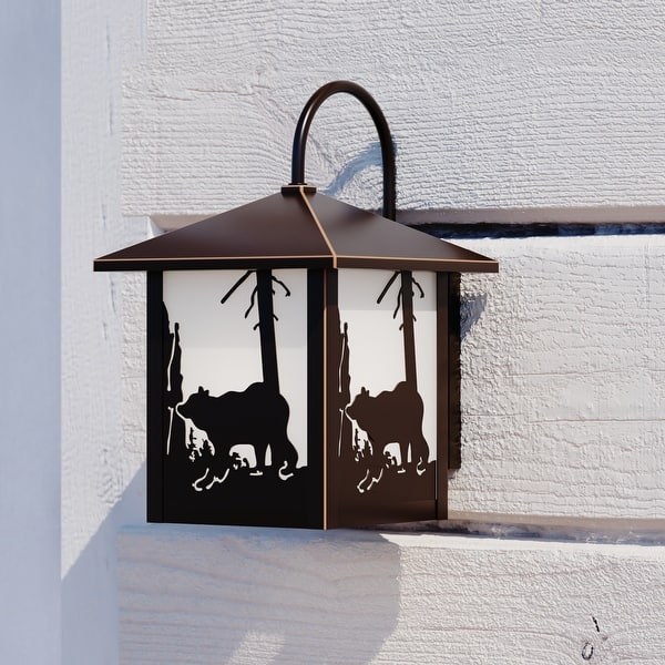 slide 2 of 12, VAXCEL Bozeman 12.5 in. H 1-Light Burnished Bronze Rustic Bear Outdoor Wall Sconce, Steel, White Tiffany Glass Shade Burnished Bronze - 8-in W x 12.5-in H x 9-in D