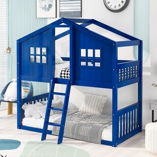 Modern & Rustic Style Twin Over Twin Size Solid Wood Frame House Bunk Bed With Ladder and Roof, No Spring Box Needed